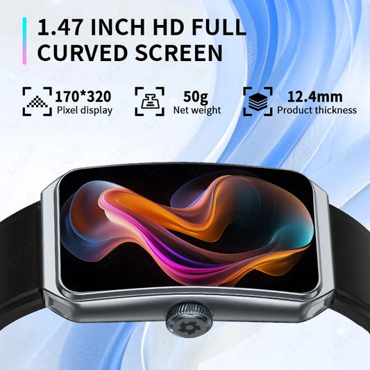 LIGE 2025 New 1.47 Inch HD Curved Smart Watch Men Women Bluetooth AI Call Fitness Tracker Waterproof Android IOS