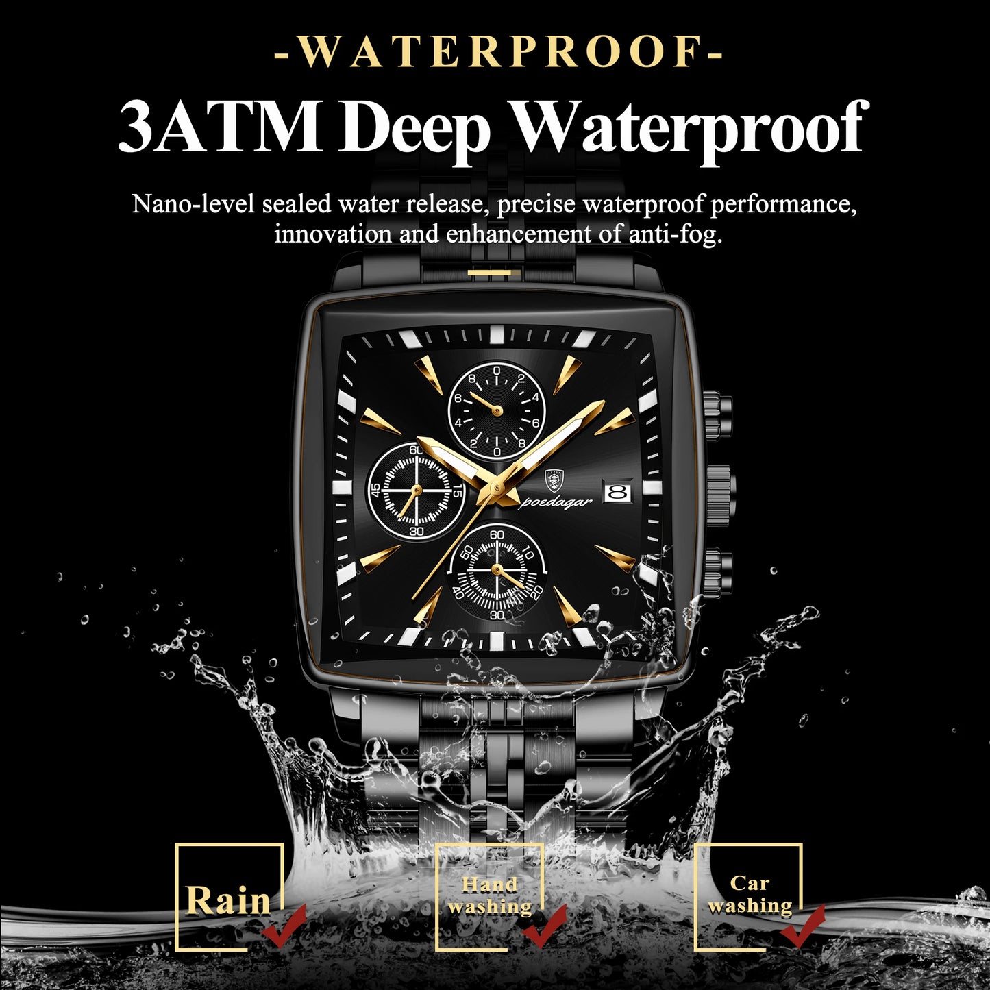 POEDAGAR Original Square Men Clock Waterproof